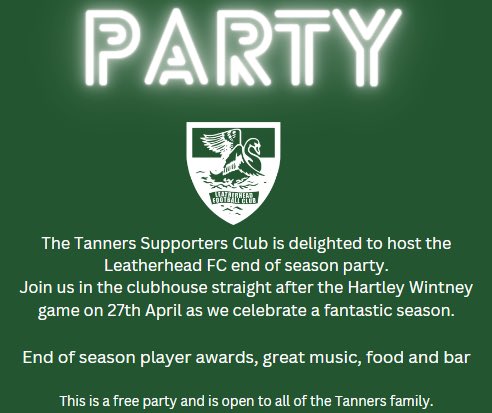 Massive game for our local side @LeatherheadFC tomorrow , 1 point guarantees 3rd place and a home tie in the playoff semi final . Get down and support Tanners , after party with our own @SKontheradio after the game 👍