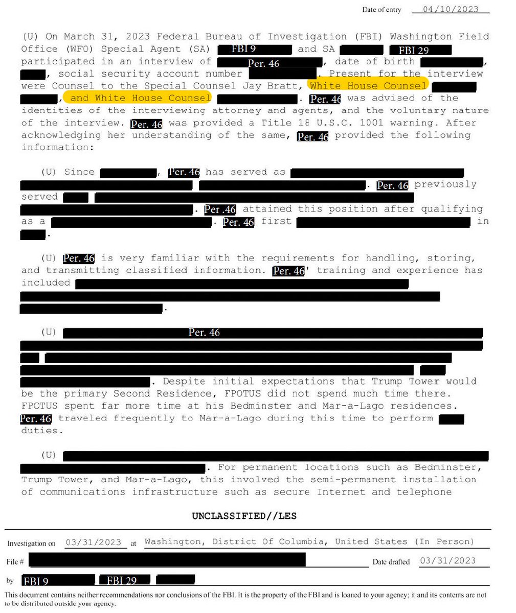 /10 Another document from the FBI reveals that White House Counsel was part of a meeting with the FBI and Special Counsel Jay Bratt.  This is explosive evidence that Biden’s White House Counsel was part of the prosecution team against President Trump.