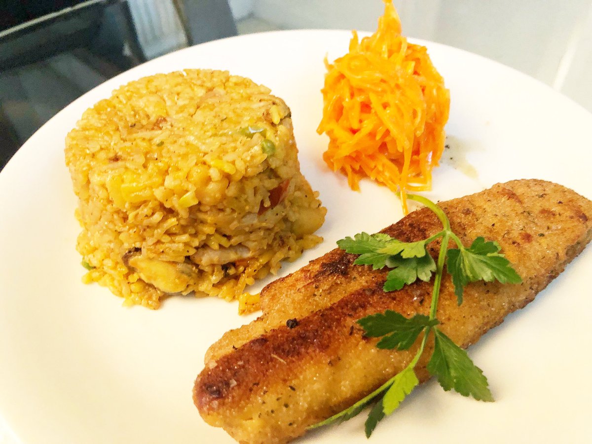 Breaded Fish Fillet With Paella And Carrot Salad. - #food #foodspotting, #foodgalore, #gastronomicdelight, #yummy, #foodies, #foodtrip, #foodporn, #foodgasm, #foodstand, #foodstagram, #diningathome, #homecookedmeal, #homecooking, #mycooking, #myrecipe, #myhomecooking,