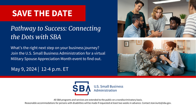 The U.S. Small Business Administration will hold a Pathway to Success forum on May 9th. The forum will provide valuable information for aspiring and established #milispouse #smallbiz owners and help them understand SBA resources. Register here: bit.ly/SBApathway.