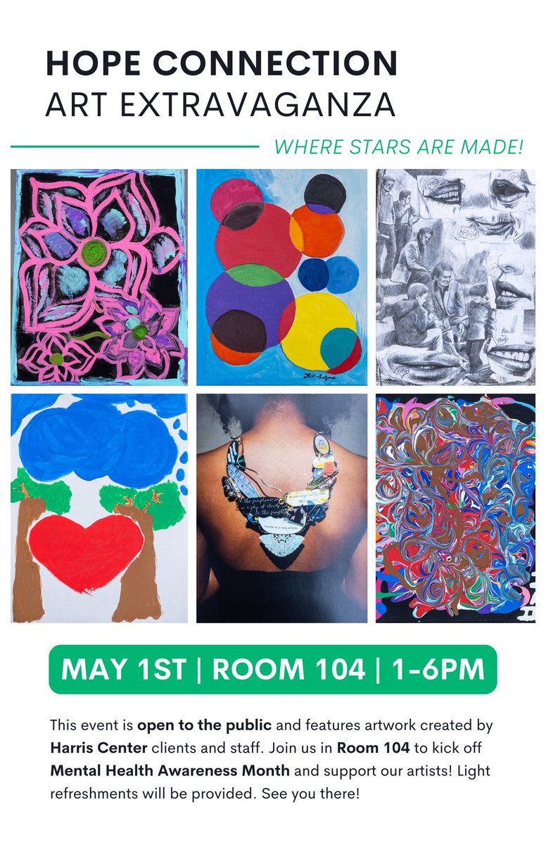 Our second annual Art Show & Contest is happening next week! Join us on May 1st from 1-6PM at our 9401 Southwest Fwy location to view art made by our talented clients and staff. You can also bid on your favorite pieces in a silent auction! 🧡🎨⭐ #HTX #Houston #LocalArtists
