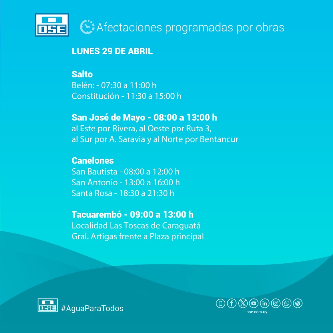 Afectaciones de suministro programadas

📆 Lunes 29/4

📍Salto
📍San José de Mayo
📍Canelones
📍Tacuarembó

📲 0800 1871 | * 1871 gratis desde móviles
#oseuruguay
