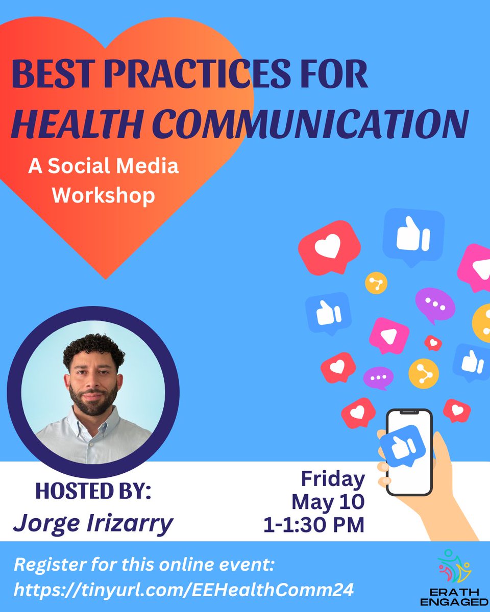 2️⃣ Weeks from today our Social Media Accounts Manager, Jorge Irizarry, will be hosting a brief online workshop focused on Best Practices for Health Communication on Social Media.
🔗 Register for this event: tinyurl.com/EEHealthComm24
#ErathEngaged #SocialMediaTips