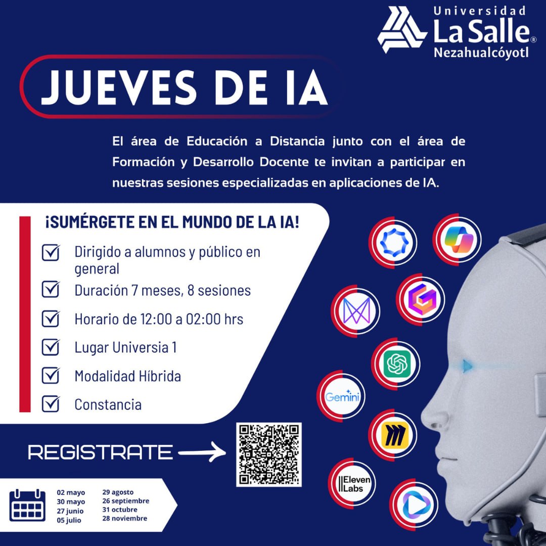 El próximo 🗓 02 de Mayo dará inicio el taller 'Herramientas especializadas en inteligenciaartificial 🤖 que será impartida por la universidad La Salle  🏫
#docentesinnovadores #innovación #tecnologia #maestros #educacion #Tics #capacitacionprofesional #inteligenciaartificial