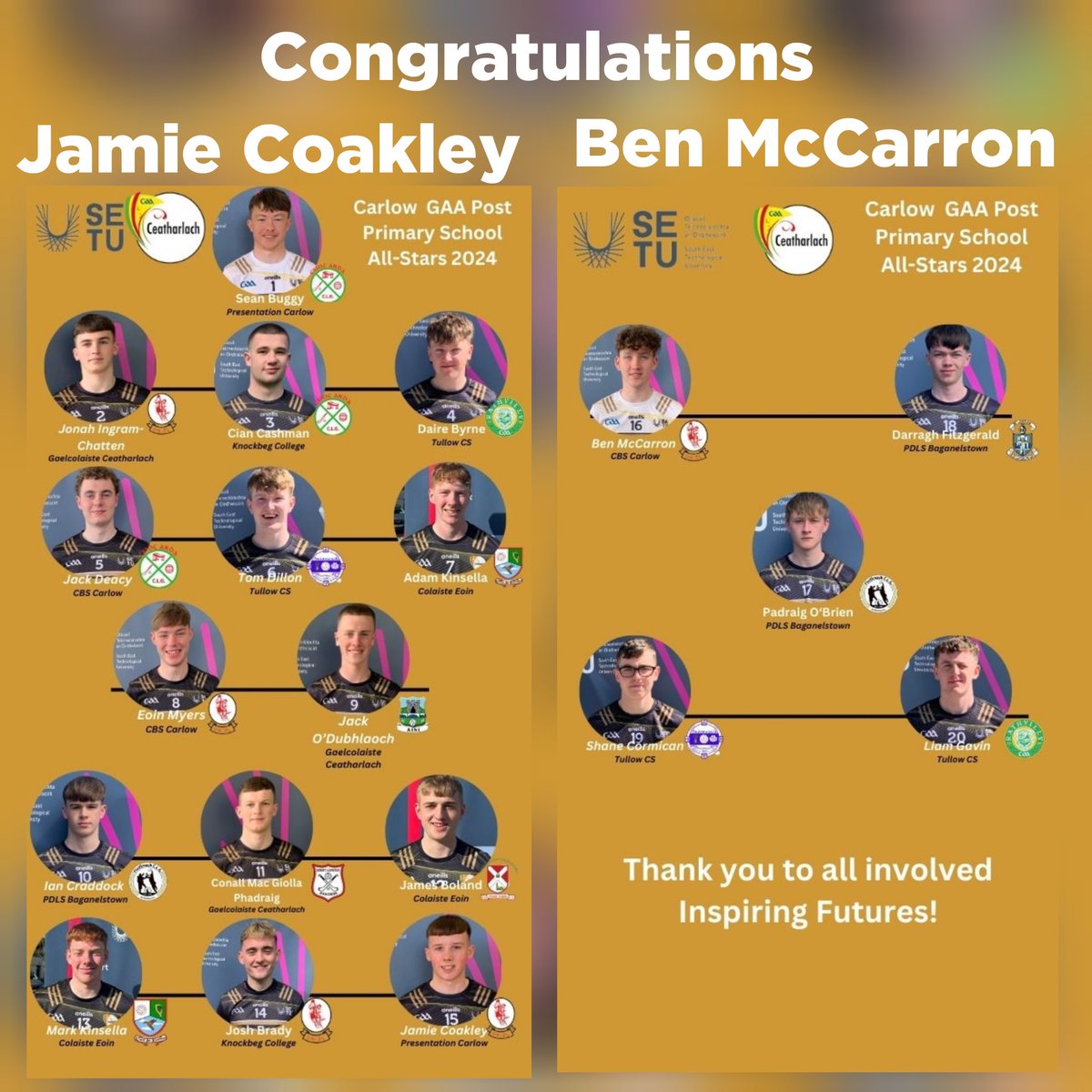 Hanover Harps would like to congratulate Jamie Coakley from our Youths and Ben McCarron from our First team who were selected as Post Primary All Stars with the Carlow GAA. A fantastic achievement well done from all in Hanover. @Pres_Carlow @cbscarlow