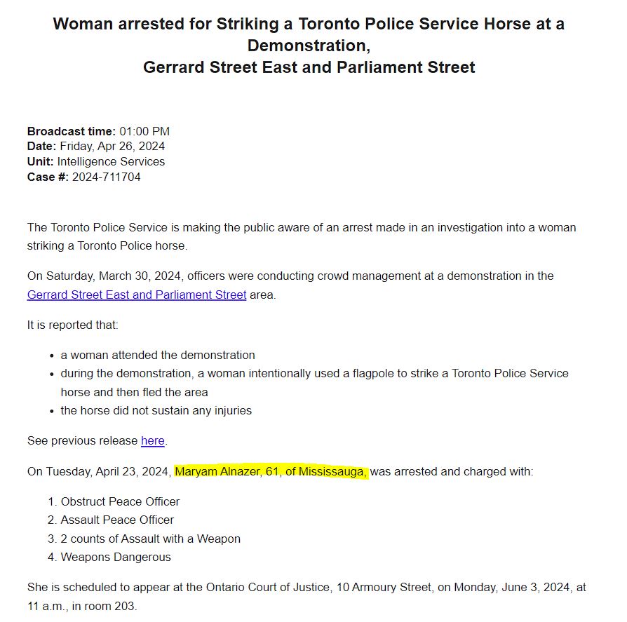 Toronto Police Arrest Keffiyeh Clad Maryam Alnazer of Mississauga, accused of assaulting a Toronto Police horse with a flagpole & running away during an anti-Israel rally in Cabbagetown last month

She faces assaultx2, assault peace officer, obstruction & weapons charges
#OnPoli