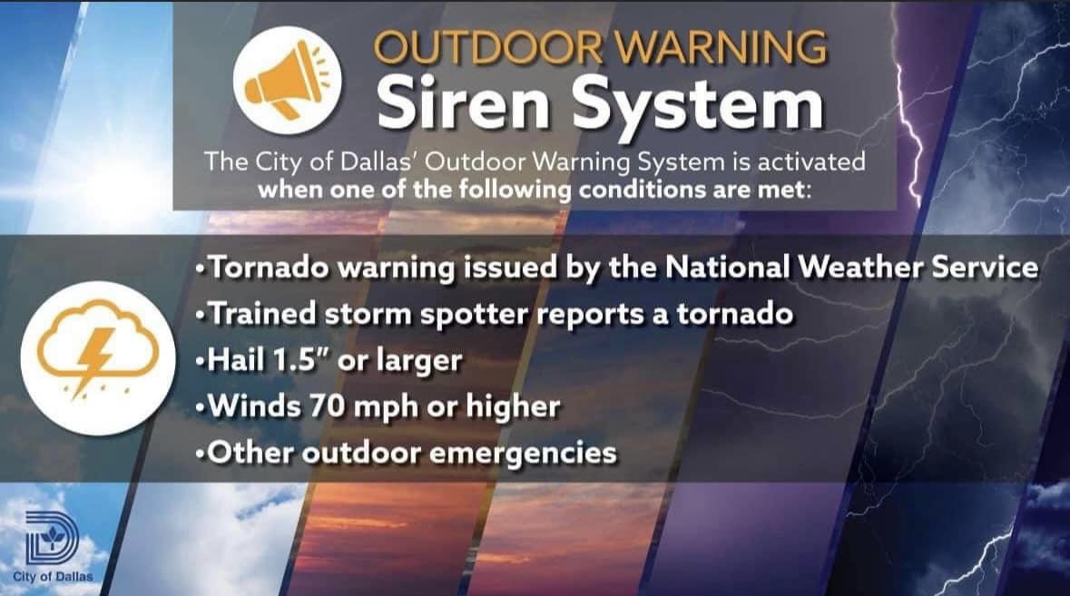 Severe weather is forecasted for Dallas this weekend. If you hear the Outdoor Warning System sirens, please DO NOT call 9-1-1, except for life-threatening emergencies.   If you hear the sirens, go inside, get more info from social media, radio, or TV, & take protective actions.