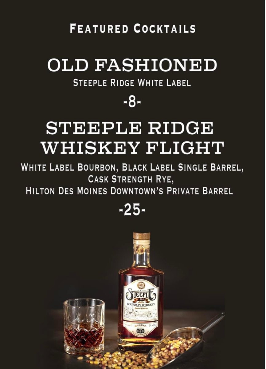 When in Downtown Des Moines be sure to stop at the bar inside the 
Downtown Hilton and try an Old Fashioned or a Whiskey Flight of Steeple Ridge Bourbon. 

#SteepleRidgeBourbon #Iowa #AwardWinning #Bourbon & #Rye #Whiskey #CraftDistilled #FarmToTable #FarmToBottle #Farmlife