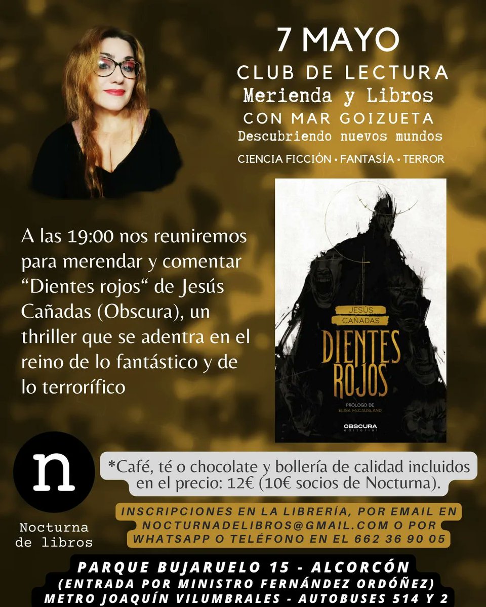 El 7 de mayo, en el club de lectura que conduzco en @nocturnalibros, nos sumergiremos en el Berlín más oscuro y tenebroso de la mano de Jesús Cañadas y su magnífica novela 'Dientes rojos' (@ObscuraEditori1 ). Además, como siempre, merendaremos mientras hablamos del libro.