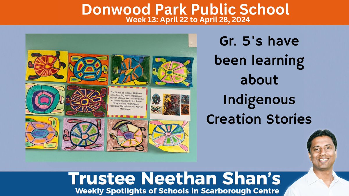 Wrapping up this week's spotlight at Donwood Park Public School, the grade 5 class demonstrates their recognition of cultural practices, traditions of values of Indigenous Peoples. Best wishes to the staff, students and families for a successful second half of the academic year!