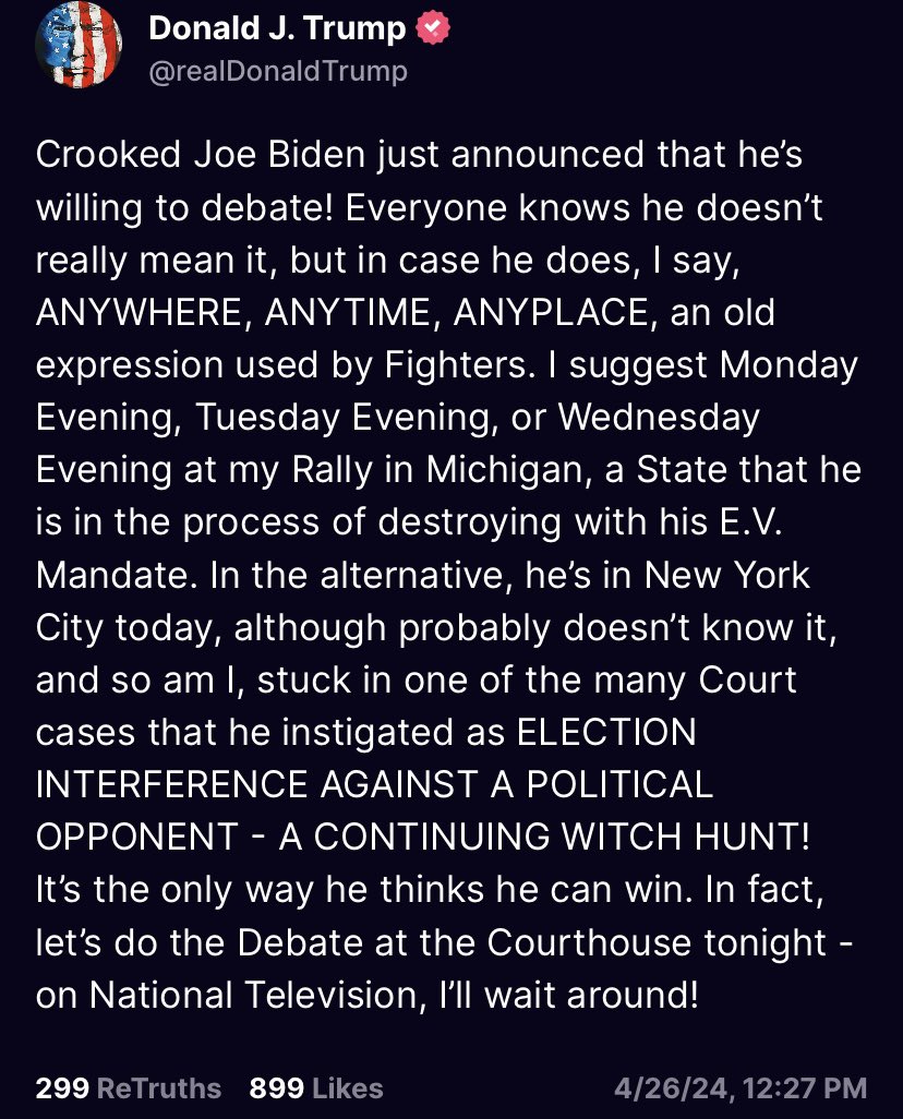 Donald Trump responds to Joe Biden stating he is willing to debate on Howard Stern’s show WITH LOCATIONS!!!!! 🔥🔥🔥🔥

Let’s make this happen!

LFG!!!! 🇺🇸🇺🇸🇺🇸