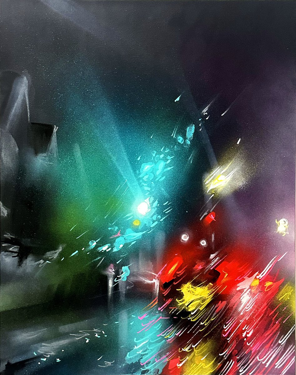 Abstract traffic lights street scene - really pushing the urban impressionist style into abstraction - loved creating this line in Singapore @allaboutart_gallery in January - this painting and several others are available from the gallery!