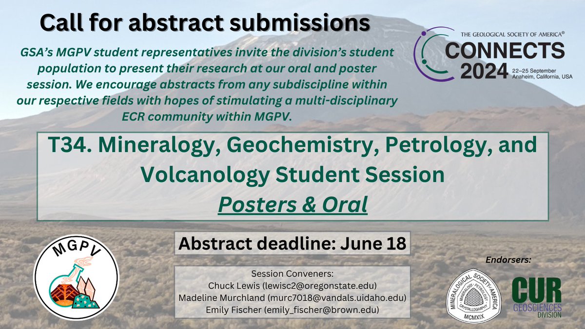 GSA's MGPV Division (@gsa_mgpv) on Twitter photo 📢Students, are you planning to submit an abstract to #GSA2024? Consider submitting to our student-dedicated session!
T34. Mineralogy, Geochemistry, Petrology, and Volcanology Student Session (Poster & Oral)
<a href="/MinSocAm/">Mineralogical Society of America</a> <a href="/geosociety/">geosociety</a> <a href="/CURinAction/">CUR</a> 📢Students, are you planning to submit an abstract to #GSA2024? Consider submitting to our student-dedicated session!
T34. Mineralogy, Geochemistry, Petrology, and Volcanology Student Session (Poster & Oral)
<a href="/MinSocAm/">Mineralogical Society of America</a> <a href="/geosociety/">geosociety</a> <a href="/CURinAction/">CUR</a>