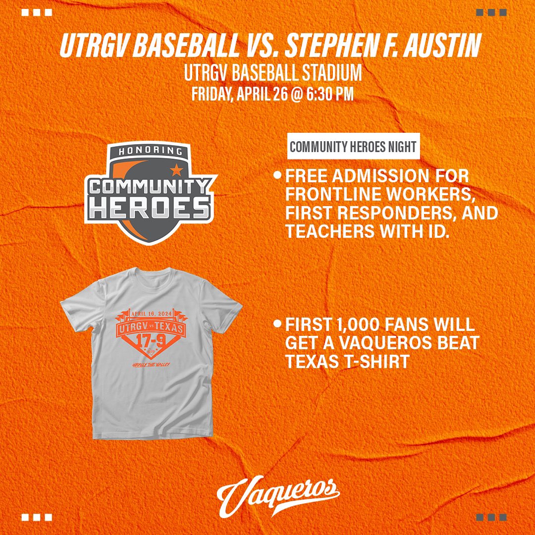 Let's get this weekend started‼️ 🆚 SFA ⏰ 6:30 PM 🏟UTRGV Baseball Stadium ✌️1,000 FREE We Beat Texas T-Shirts ✌️Community Heroes Night 🎟️ GoUTRGV.com/tickets 💻🇺🇸es.pn/42IHt0b 💻🌎WACInternational.tv 📊 bit.ly/4aW4UGz #RallyTheValley #UTRGV #WACbsb