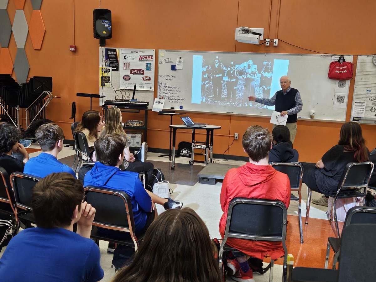 PrideofAHSBands's tweet photo. Band Director Emeritus &amp; 2024 AHS Performing Arts Hall of Fame Inductee Mr. David Martin visited the band classes this morning to chat #POAHS history and his work as a composer! @FHSDMusic @AndersonRaptors https://t.co/khP21iUlUg