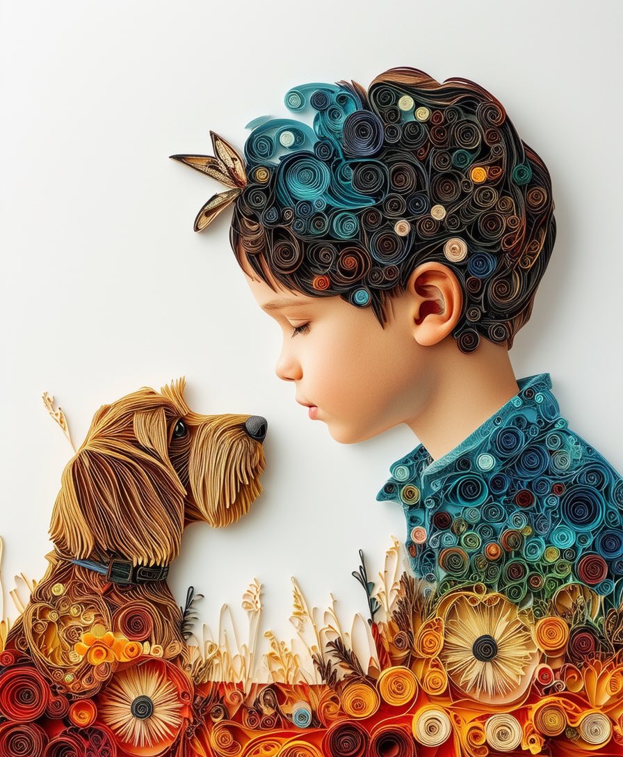 The love between a boy and his dog carries on through life. PROMPT: Art nouveau style and paper quilling, depicting a double exposure of a young boy and his dog, surreal. PLEASE LIKE SHARE AND FOLLOW. #AIart #AIArtwork #PromptShare