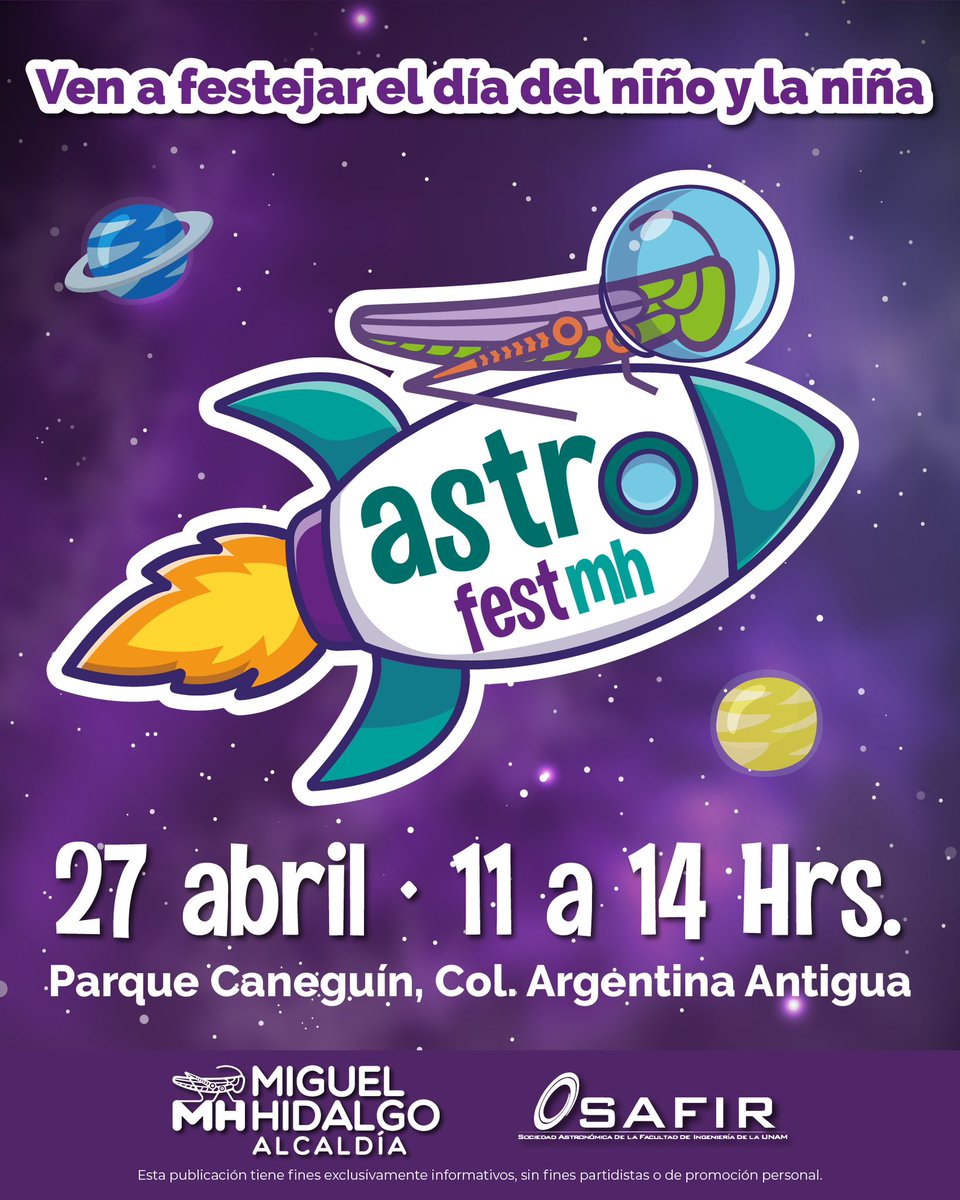 El #AstroFestMH🚀 anuncia su siguiente despegue desde la colonia Argentina Antigua a la mejor diversión, entretenimiento y aprendizaje, para celebrar el Día de la Niñez con actividades 'de otro mundo'. ¡No se lo pueden perder! 📍Parque Caneguín 📆MAÑANA 26 de abril ⏰11:00 a…