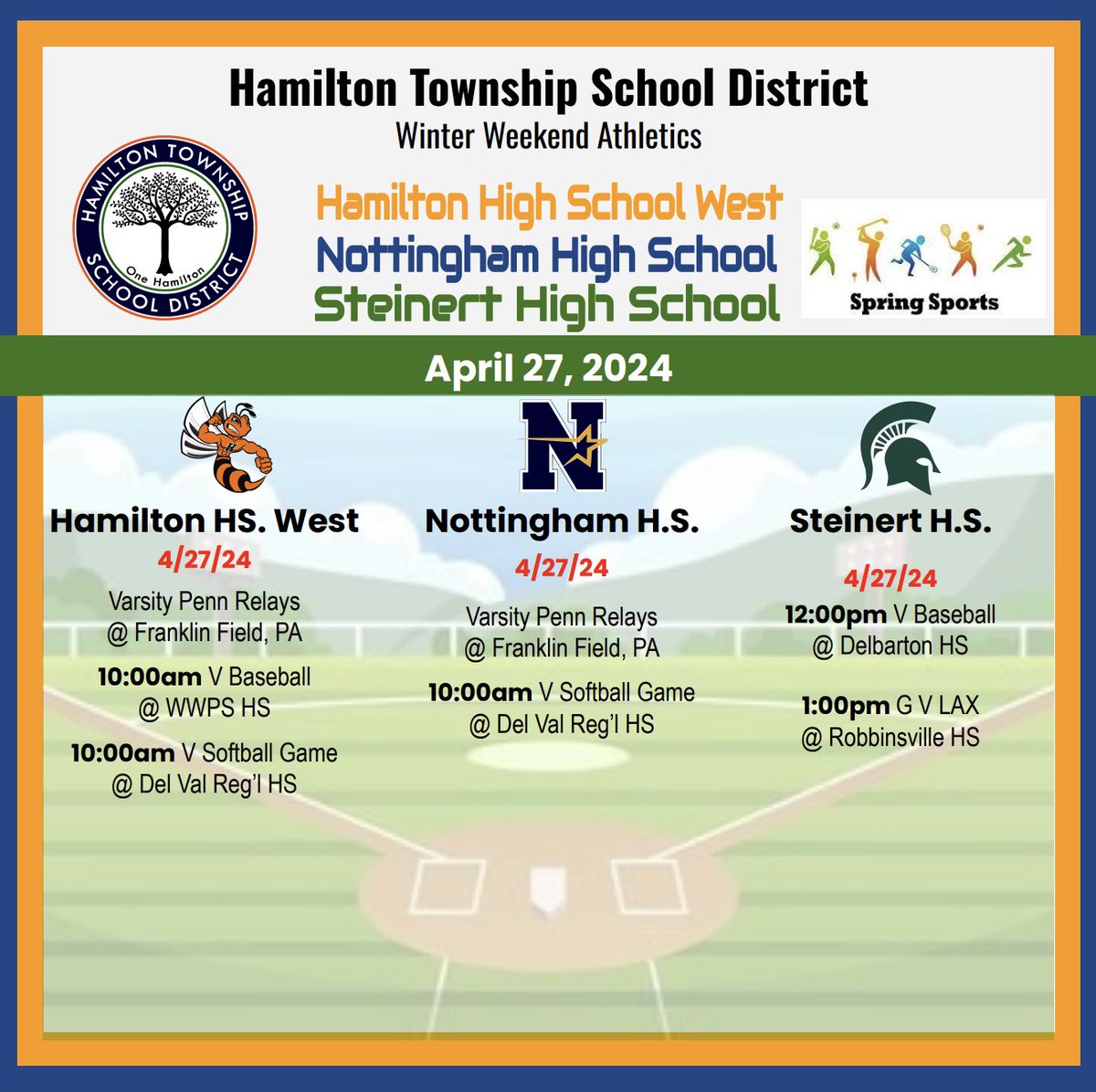 📣 Weekend Sports @ HTSD Sat., April 27, 2024 Good luck, coaches & athletes! 🏃🏻‍♀️ ⚾️ 🎾 #HTSD #HTSDpride @ScottRRocco @HTSDSecondary @HTSD_Nottingham @HTSD_West @SpartanSentinel @StarAthleticsAD @HHW_Athletics @SHSSportsBC @LauraGeltch