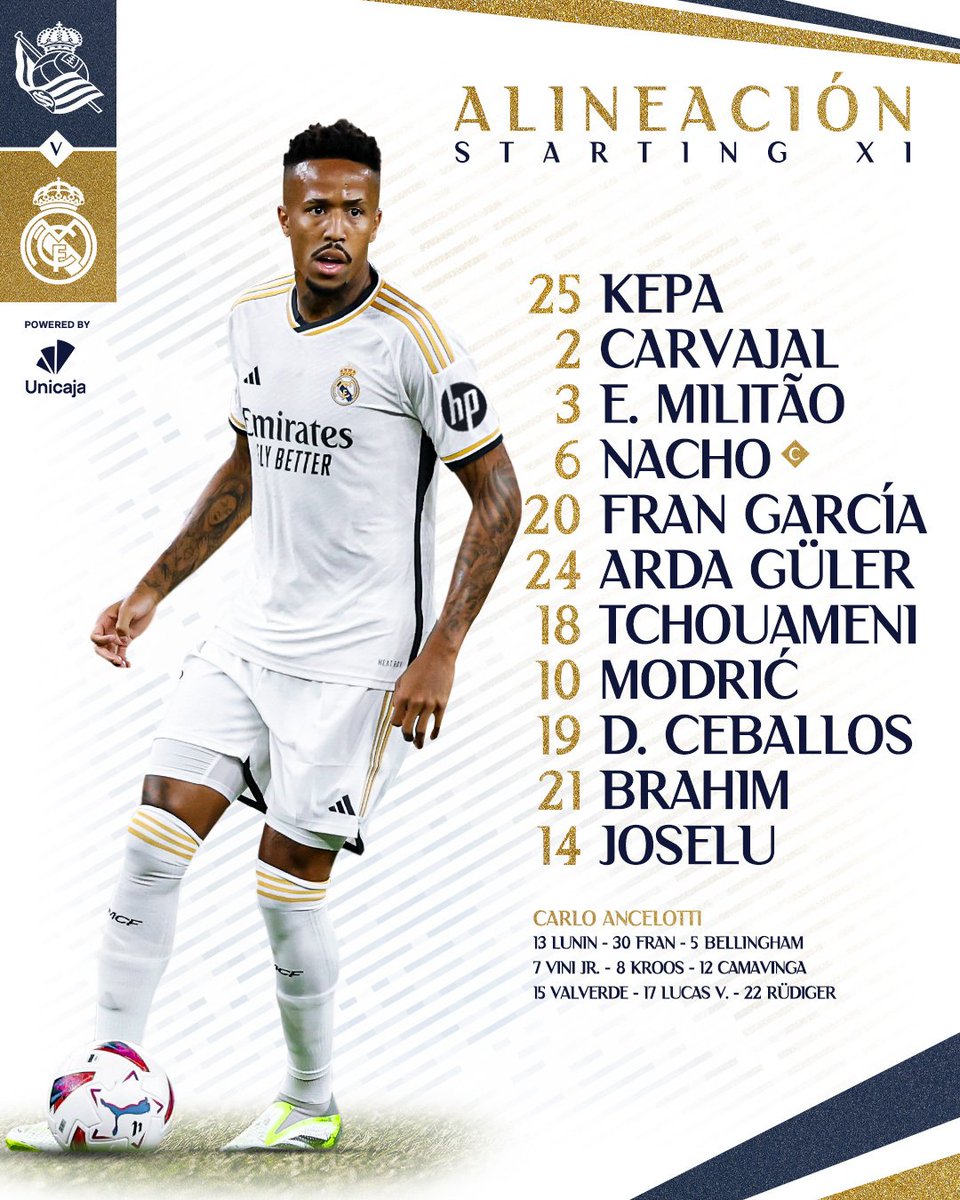 XI del Real Madrid CF:

Kepa, Carvajal, Militão, Nacho, Fran García, Tchouaméni, D. Ceballos, Modrić, Arda Güler, Brahim y Joselu.

#RMLiga
#HastaElFinalVamosReal
#HalaMadrid