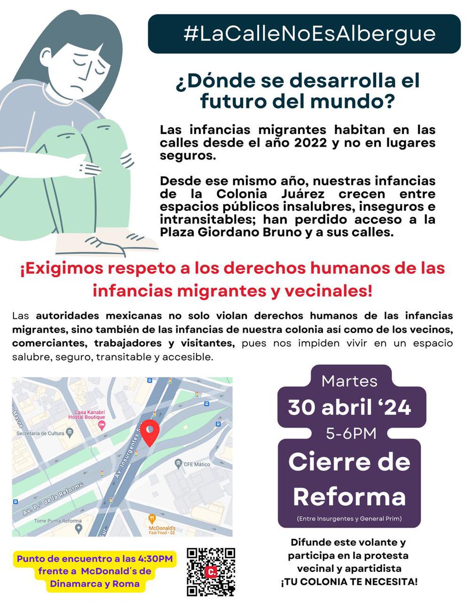 Los vecinos de @LaColoniaJuarez protestaremos cerrando Reforma este próximo 30 de abril 5PM, seguiremos exigiendo a las autoridades que dejen de violar DDHH de infancias vecinales y migrantes al no liberar las calles y plazas mediante la reubicación de los migrantes a albergues.