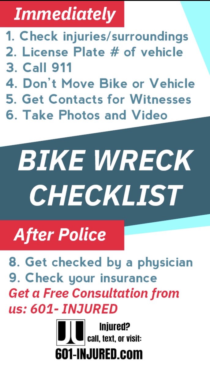 It’s riding season, and if you are involved in a wreck, it can be hard to remember everything you need to know. We got you covered. 

#jackson #jacksonms #ms #mississippi #safety #bikesafety #bikesafetygear #helmet #rideordie #cycling #bikewreck #riders