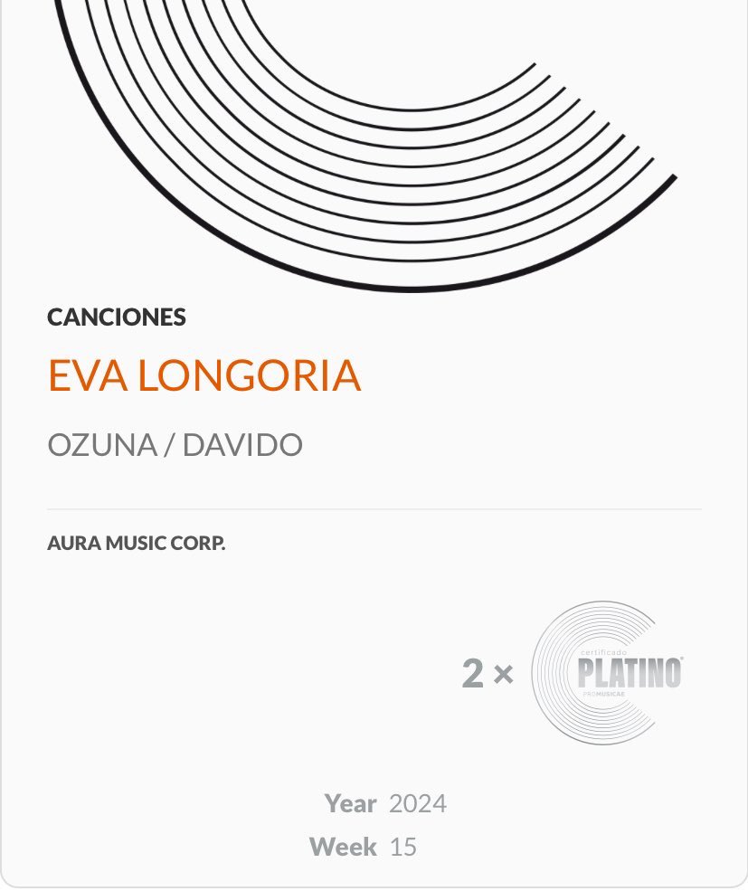 .@ozuna’s “EVA LONGORIA” ft @davido is now certified 2X 💿💿 Platinum in Spain 🇪🇸