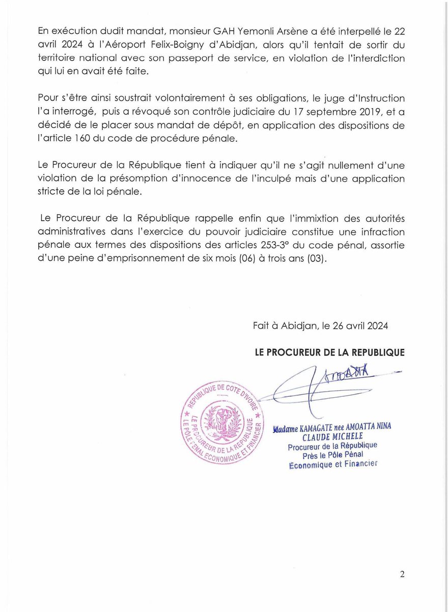 Communiqué du Procureur de la République Monsieur GAH Yemonli Arsène Roger, opérateur économique et Maire de la commune de Bangolo, qui était sous mandat d’arrêt depuis le 24 août 2022 pour ne pas avoir respecté des convocations à la justice pour une affaire d’escroquerie