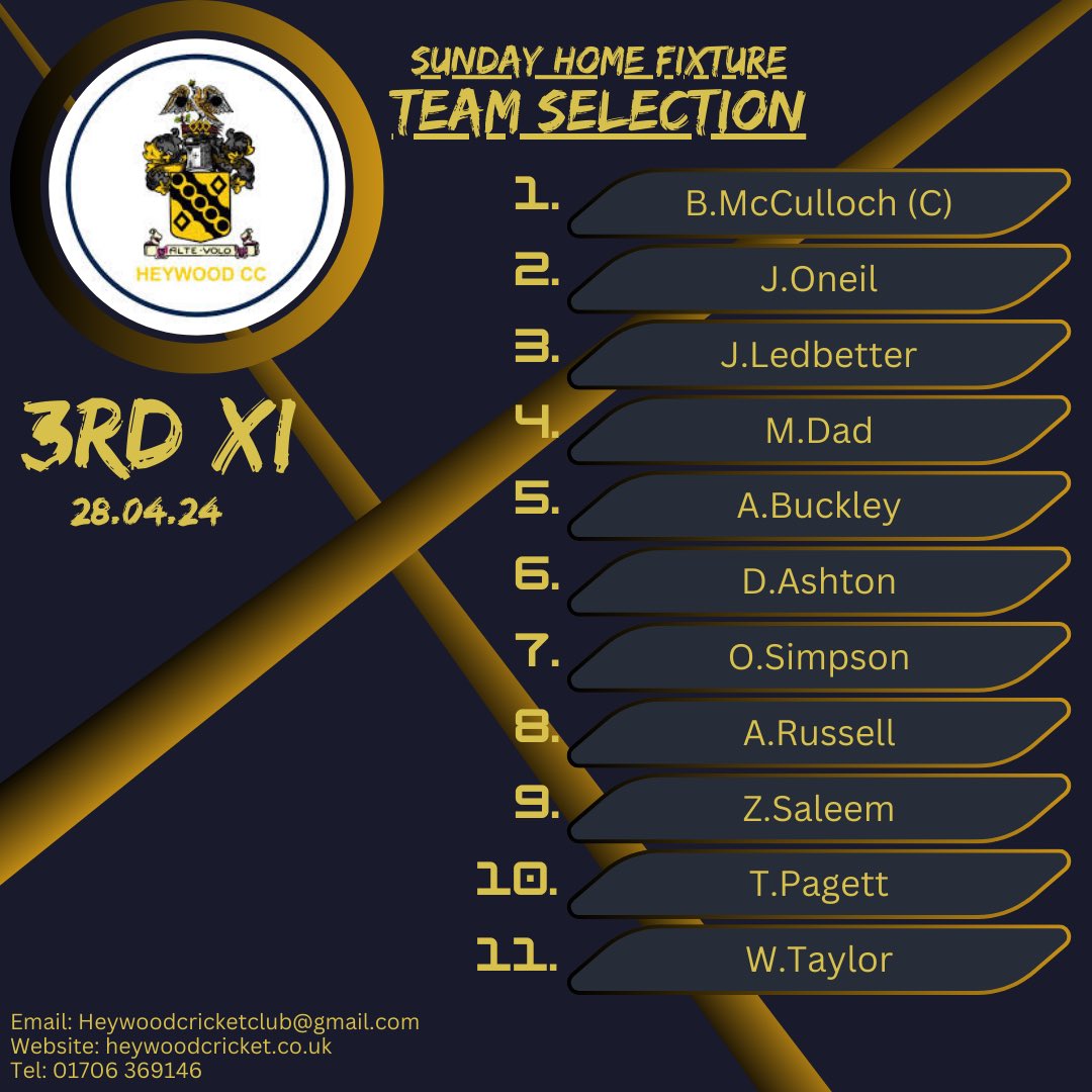 Team selections for this weekend Saturday - 1st XI Vs Stand (Friendly) at home 12:30 start Sunday - 3rd XI Vs Uppermill at home 1:30 start
