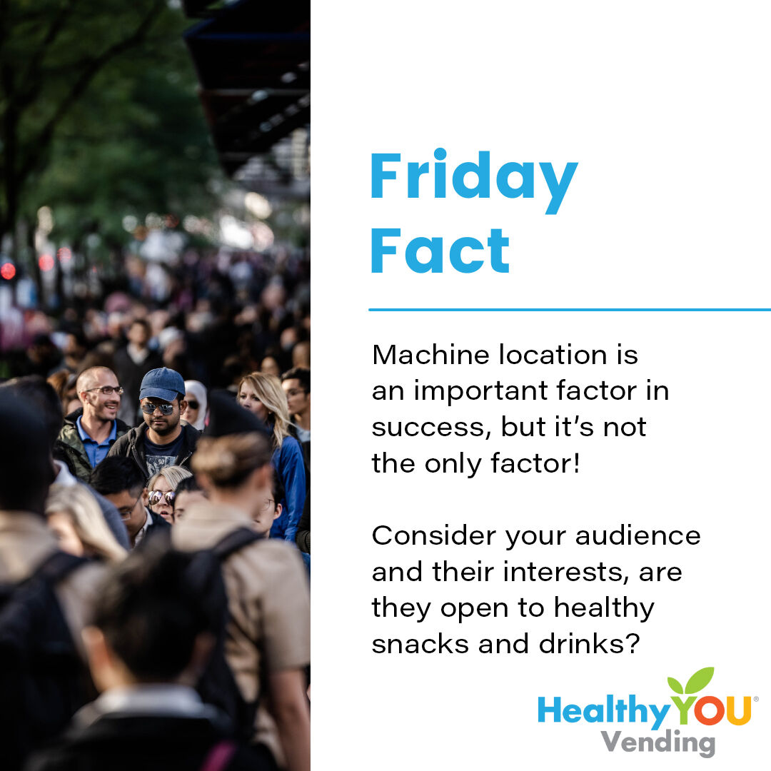 The success of healthy vending machines depends on a number of factors, including location. But it’s not just about foot traffic—think about whether the people will be responsive and open to healthy snacks and drinks, too. 
#fridayfact #healthyyouvending #knowyourcustomer