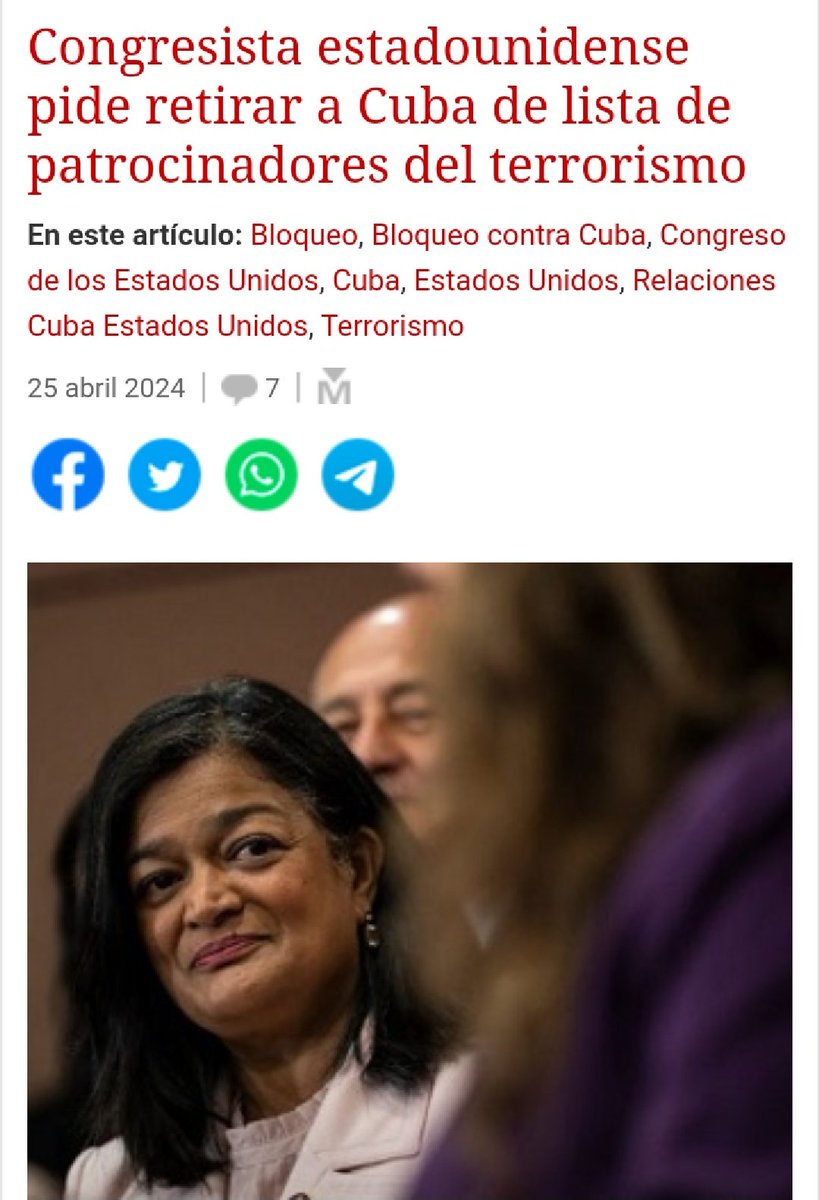 La congresista de #EEUU, Pramyla Jayapal, pidió retirar a #Cuba de la lista de patrocinadores del terrorismo que arbitrariamente confecciona el Departamento de Estado y agregó que la designación limita profundamente la capacidad de 🇨🇺 para funcionar como país. #ElBloqueoEsReal