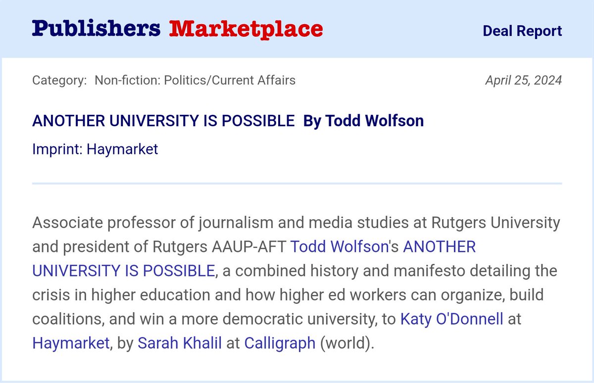 I am excited to announce my new book Another University is Possible with @haymarketbooks and with the support of @sarahkkhalil at @CalligraphLit. Given all the repression we are seeing on our campuses from California and Texas to New York, this book is right on time!!