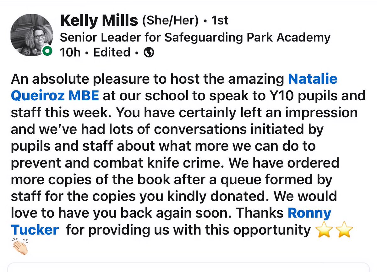 What a lovely way to end the week.. made my day earlier reading this talking about one of my Sheffield school talks earlier this week 👌🏽❤️ #knifecrime #startingconversations