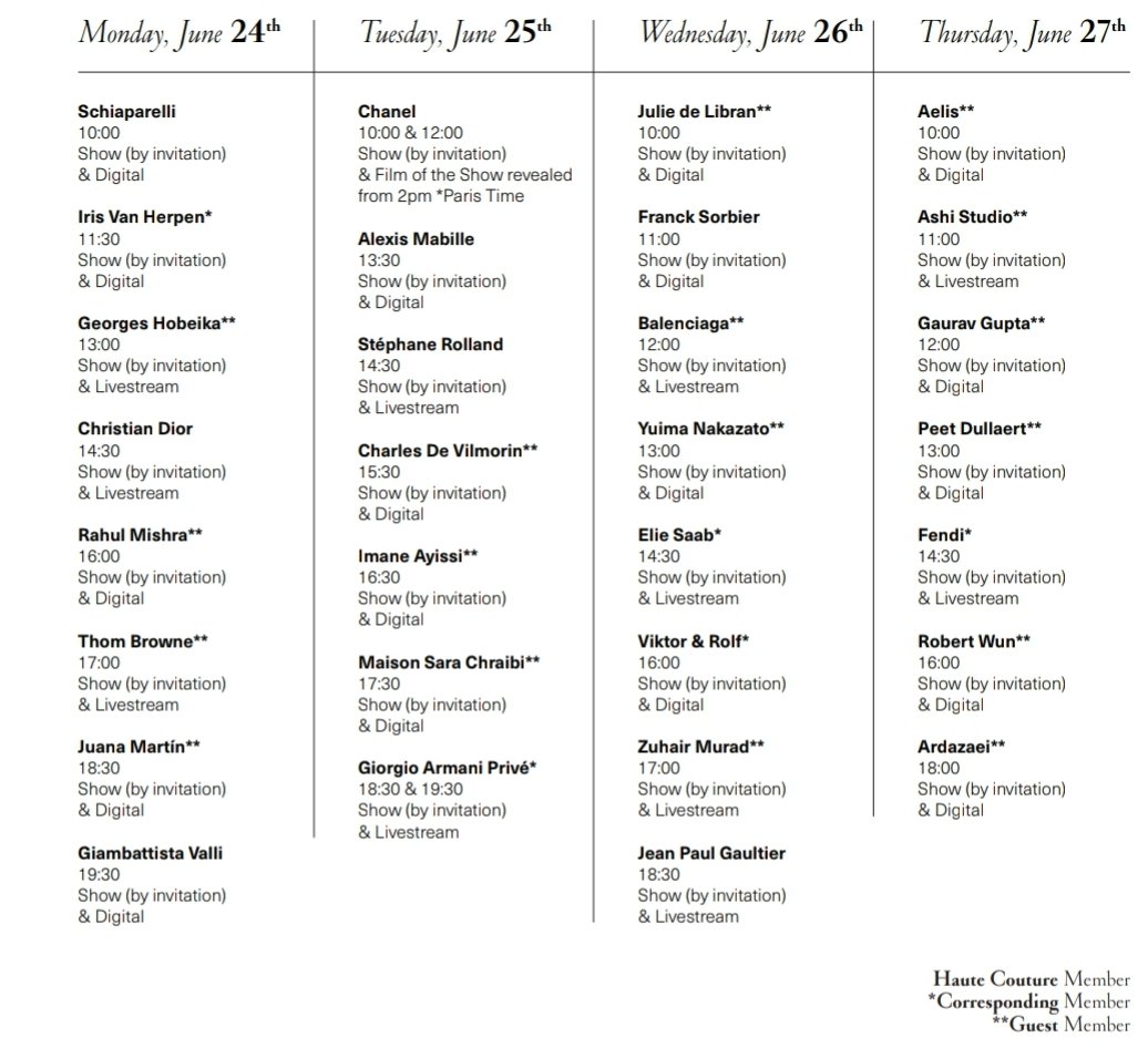 The Paris Couture week schedule is out!!!!!!☆☆☆