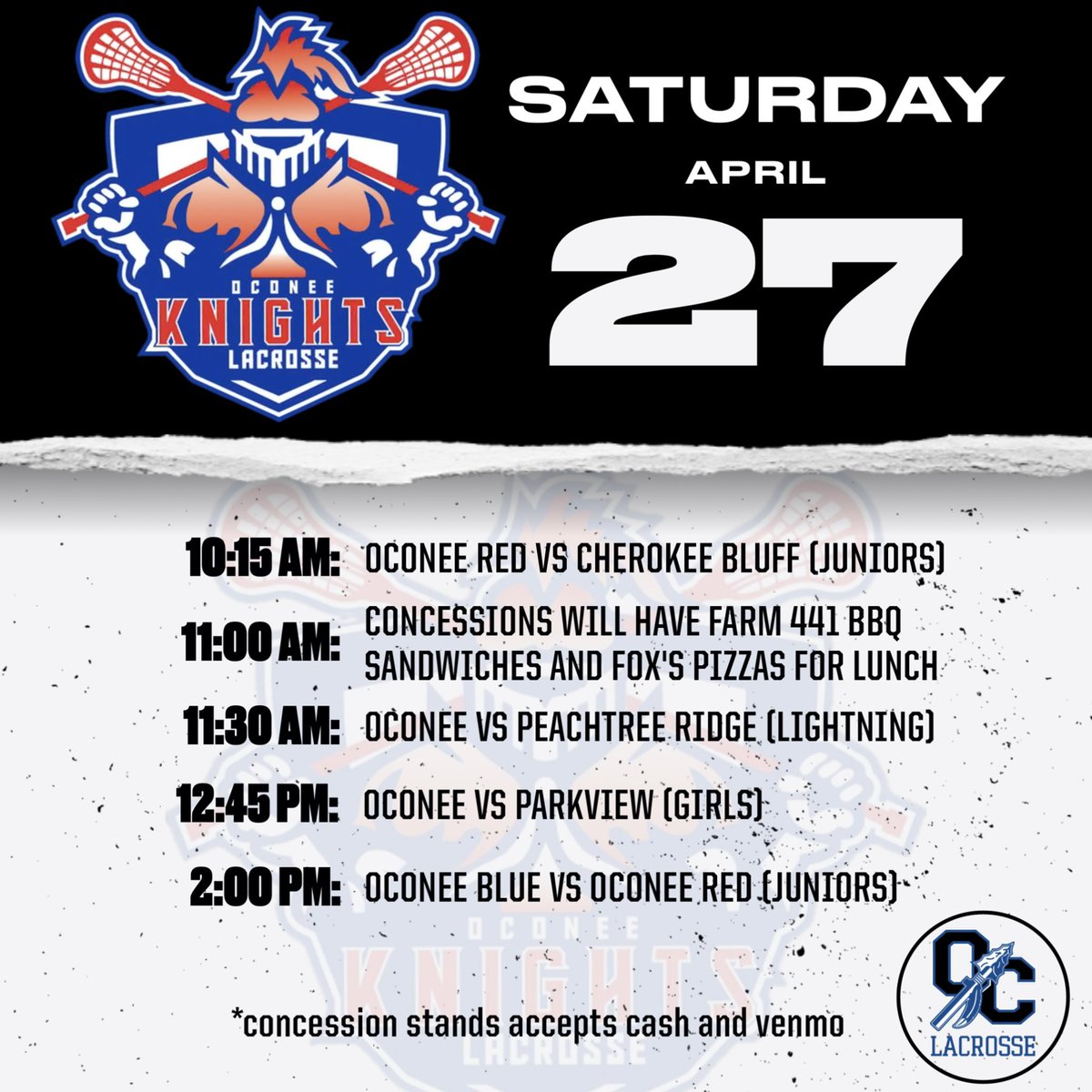 Oconee County High School Boys LAX (@ochs_lax) on Twitter photo Big day for our Oconee Knights as they host 4 games at Warrior Stadium this Saturday! Come out for some fun lacrosse and grab lunch from concessions. We will have bbq sandwiches from our friends Farm 441 and pizzas from <a href="/foxspizzaoconee/">Fox's Pizza Oconee</a>
See you there! #GoKnights Big day for our Oconee Knights as they host 4 games at Warrior Stadium this Saturday! Come out for some fun lacrosse and grab lunch from concessions. We will have bbq sandwiches from our friends Farm 441 and pizzas from <a href="/foxspizzaoconee/">Fox's Pizza Oconee</a>
See you there! #GoKnights