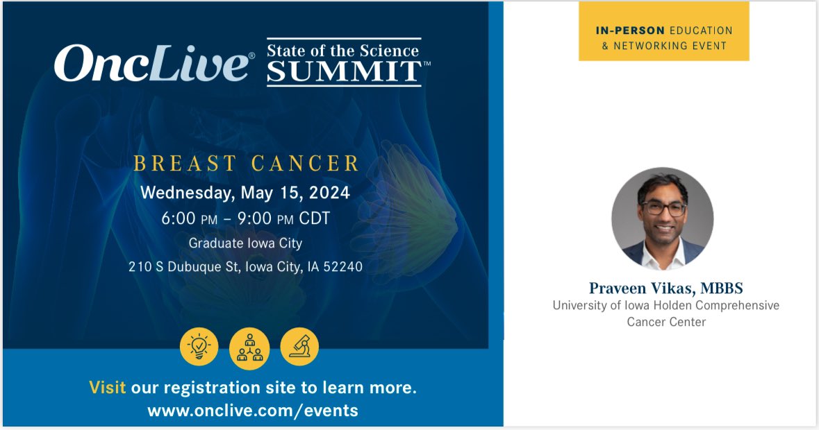 Join us 5/15 for a night all about discussing updates in the tx of breast cancer! Myself & my three breast med onc colleagues from @uihealthcare @UIowaCancer will be there. Excited to update everyone on the state of breast cancer care! Register here: event.onclive.com/event/1baeb3c2…