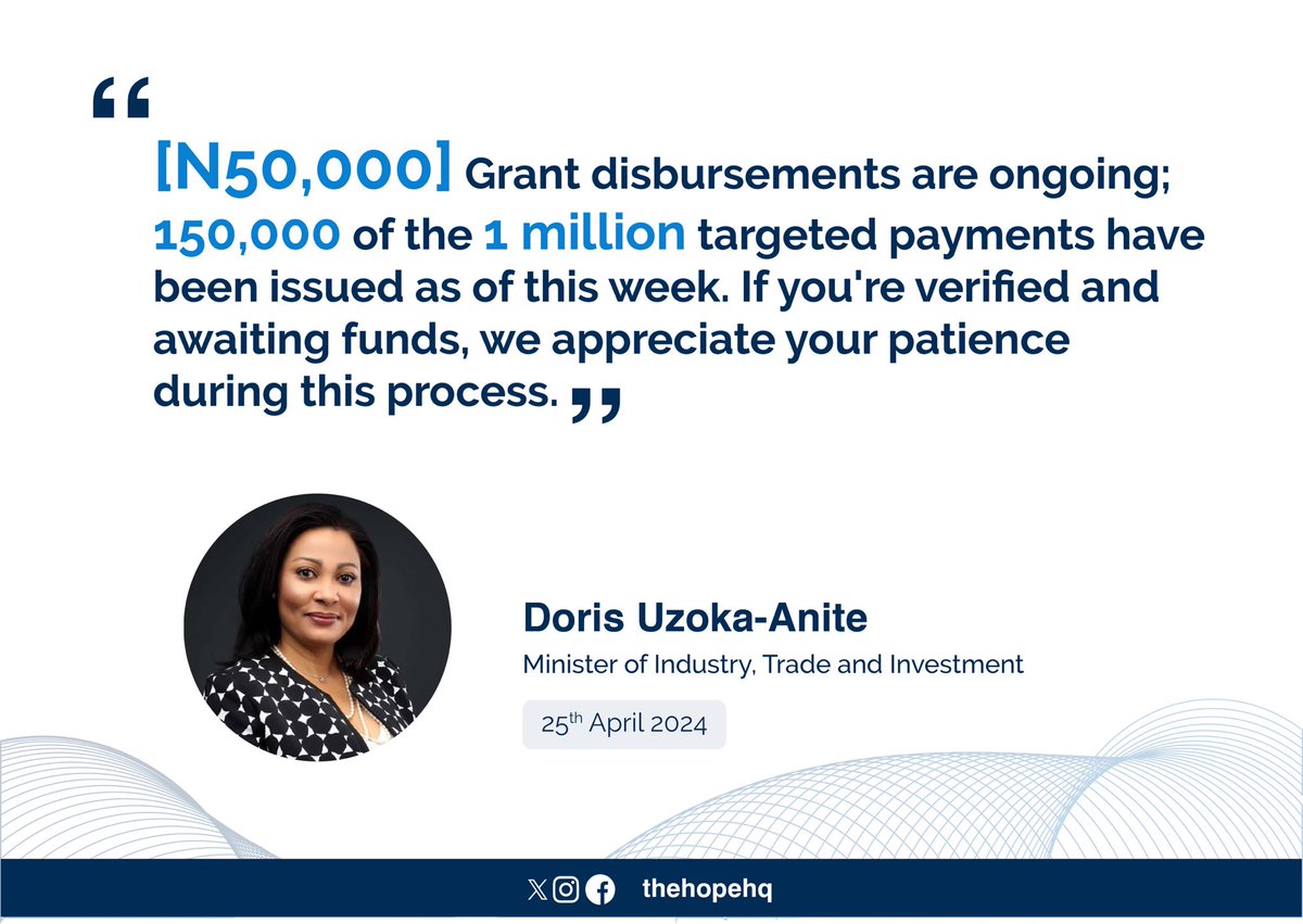 850,000 more Nigerians to receive Federal Government’s N50,000 grant in the coming days, in fulfillment of President Bola Tinubu’s directive that 1,000,000 beneficiaries must emerge from the grant scheme. #GreatnessIsComing #WetinTinubuDeyDo