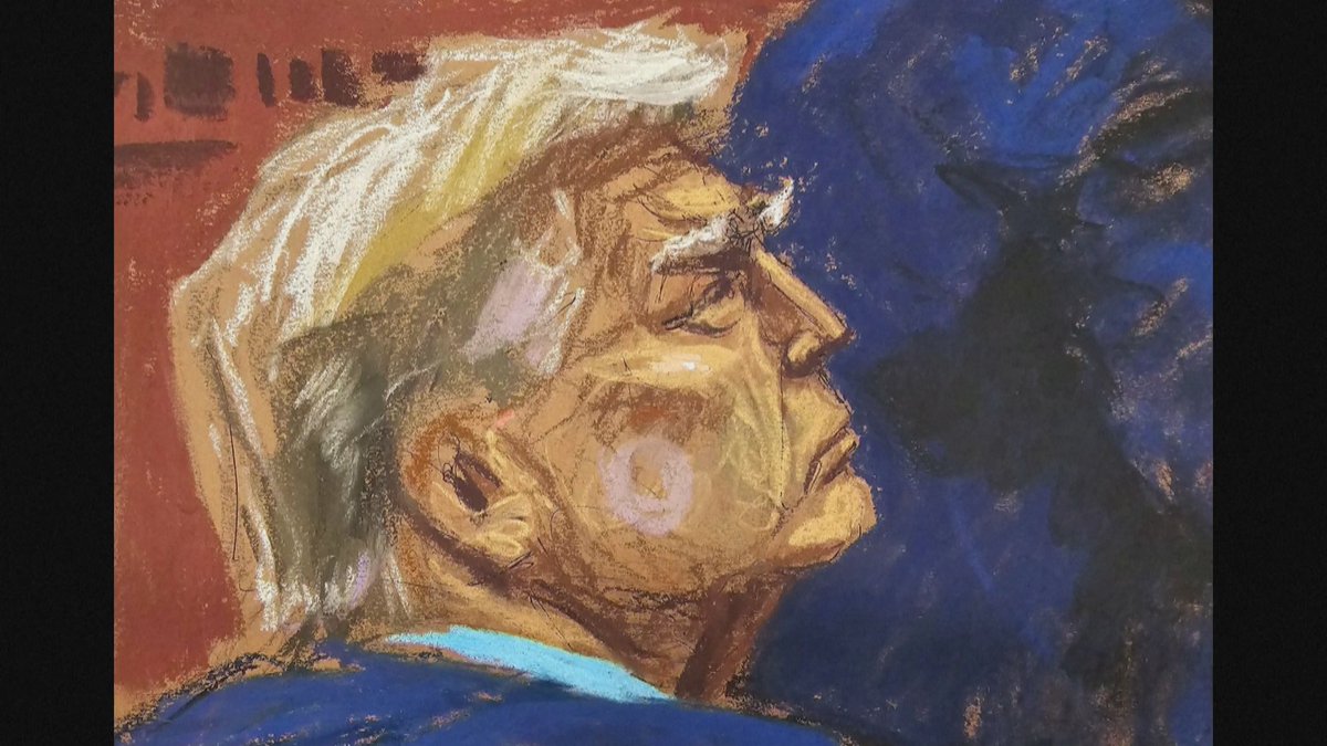 NEW: Courtroom sketches from Day 8 of Trump's hush money trial show David Pecker on the stand being cross examined by Trump's attorney, Emil Bove, as Donald Trump and Judge Merchan listen. Credit: Jane Rosenberg