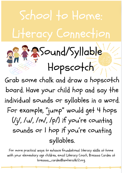 With the warm weather heading our way this weekend, it's the perfect time for some sound/syllable hopscotch! Get outside and enjoy the sunshine while growing your child's phonemic awareness! 🌞