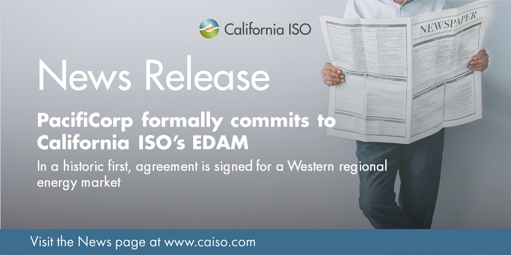 PacifiCorp became the first entity in the Western United States to formally commit to a regional coordinated energy market by signing an implementation agreement this week with the California ISO’s Extended Day-Ahead Market (EDAM). Read the news release ➡️ ow.ly/R0yQ50RpngC