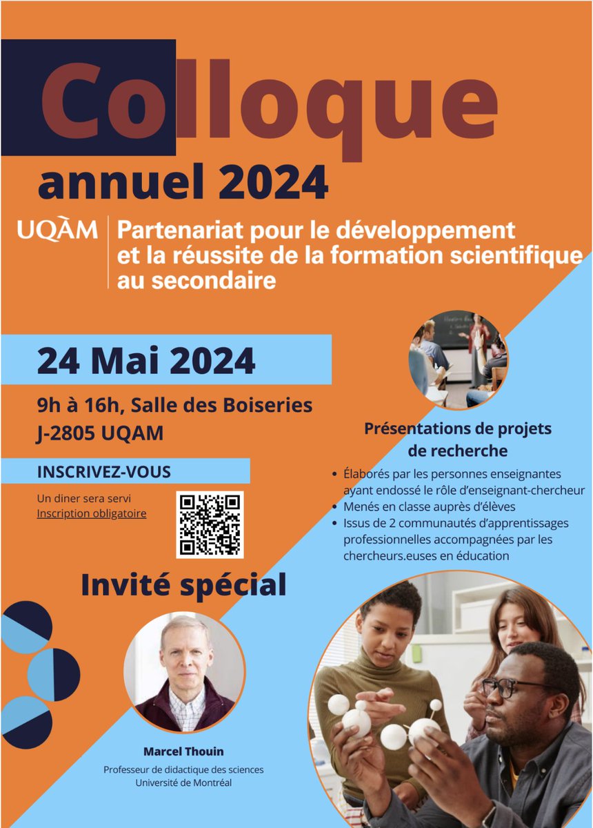 Le Partenariat pour le développement et la réussite de la formation scientifique au secondaire, dirigé par Patrice Potvin @DidactiqueU, organise son premier colloque le 24 mai prochain à l'UQAM. partenariatsciences.uqam.ca/.../colloque-a… (voir le lien pour s'y inscrire)