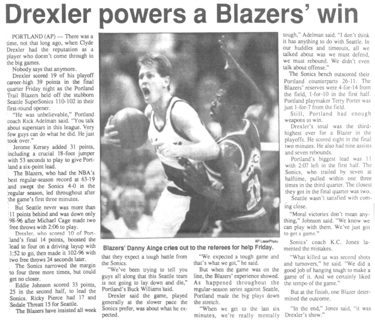 77Blazers's tweet photo. April 26 1991 - #ClydeDrexler and #JeromeKersey combined for 70 points to lead the @trailblazers to a Game 1 victory vs the @SeattleSonics in the #WCFR.
For only the 3rd time, 2 #Blazers topped 30 points in the same playoff game. Drexler finished with what was a then career-best 39 points. Kersey added 31 points, 2 shy of his career-best 35 that he scored in Game 4 vs @DetroitPistons in last years @NBA Title series. Both players pulled down 7 rebounds as well, with Drexler adding 9 assists.
The Blazers also announced that the annual Summer Slam will raise money for #RamonRamos medical bills.
#RipCity #ThisDateinBlazersHistory