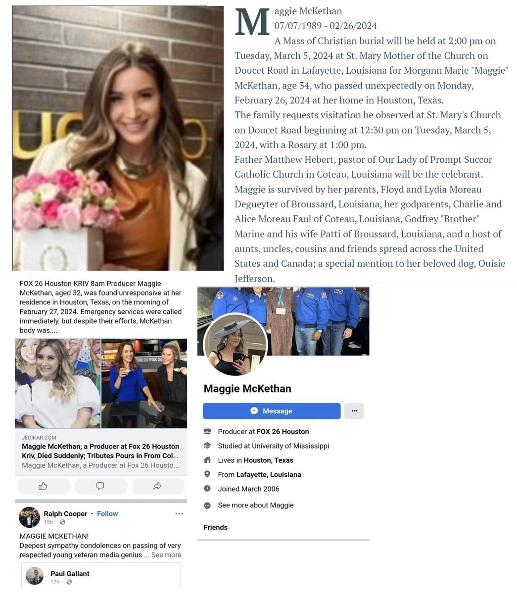 34 year old Marrie McKethan, FOX 26 Houston KRIV Producer was found unresponsive at her house in Houston morning of Feb.27, 2024 & she died shortly after.

No investigation done. No proper autopsy done.

COVID-19 mRNA Vaccine Sudden deaths are at an all time high

#DIedSuddenly