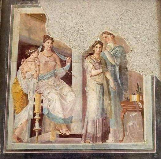 A 1st Century AD, Roman fresco shoiwng scene of dressing a priestess or bride; found in the palaestra of the Forum Baths at Herculaneum.

#drthehistories