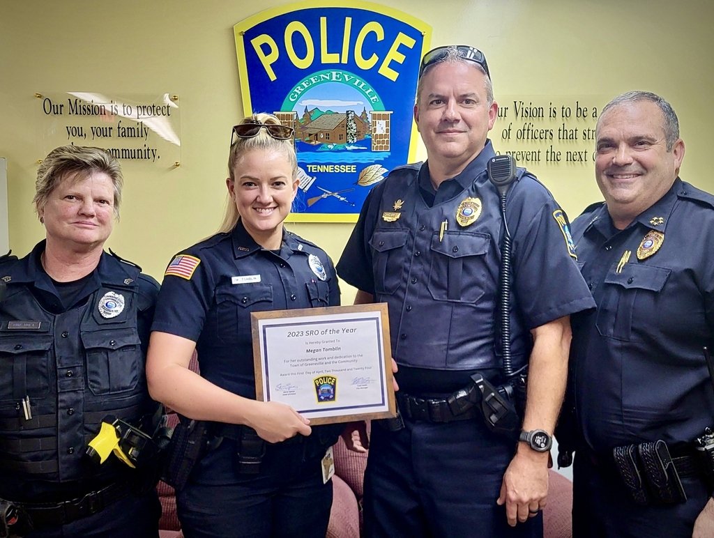 Congratulations to Officer Megan Tomblin of the Greeneville Police Department! She was named 2023 SRO (School Resource Officer) of the Year. We would like to recognize her outstanding work and dedication to the Town of Greeneville and the Community. #sro #police #thankyou