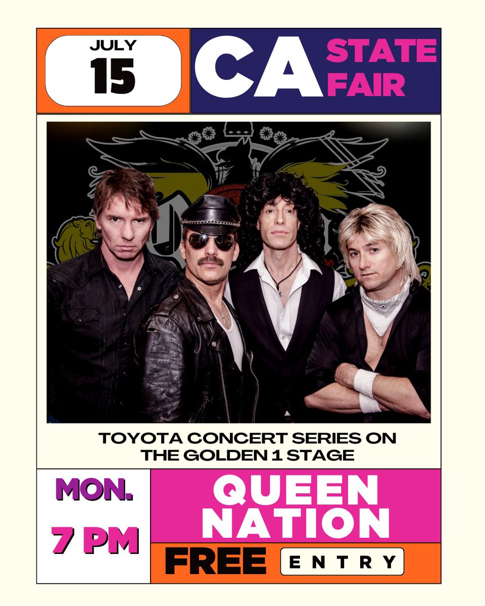 🎶 We will, we will rock you! 🎶 Get ready to be blown away as @QueenNation2013 takes over the #CAStateFair on July 15th! 👑 Don't miss their epic performance in the @Toyota Concert Series on the @golden1cu Stage. FREE with general admission!