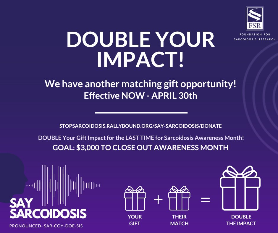 Join all of us at FSR for our final Sarcoidosis Awareness Month Weekend Match – help us raise awareness and $3,000 to fund more research and patient support initiatives! Click here to make a difference and donate $1, $5, or $10 today! loom.ly/bw8Pt8o