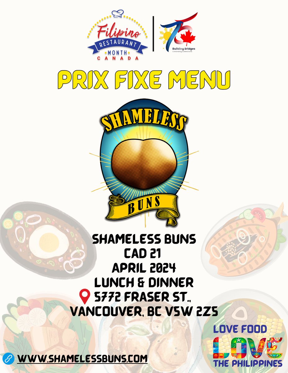 Visit SHAMELESS BUNS -one of the participating restaurants for the #filipinorestaurantmonthca which is celebrated throughout the entire month of April. Diners who will order the Prix Fixe Menu will have a chance to win local and national prizes (SCAN THEIR QR CODE)