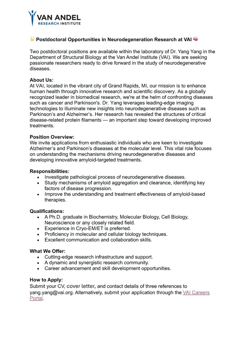 🔬👩‍🔬 Exciting news! I'll soon start my lab @VAInstitute to research molecular mechanisms in Neurodegenerative diseases. 🧠💡 Now recruiting postdocs to join our dynamic research team! Email me if you're interested! #Postdoc #CryoEM #Neuroscience #ResearchOpportunity