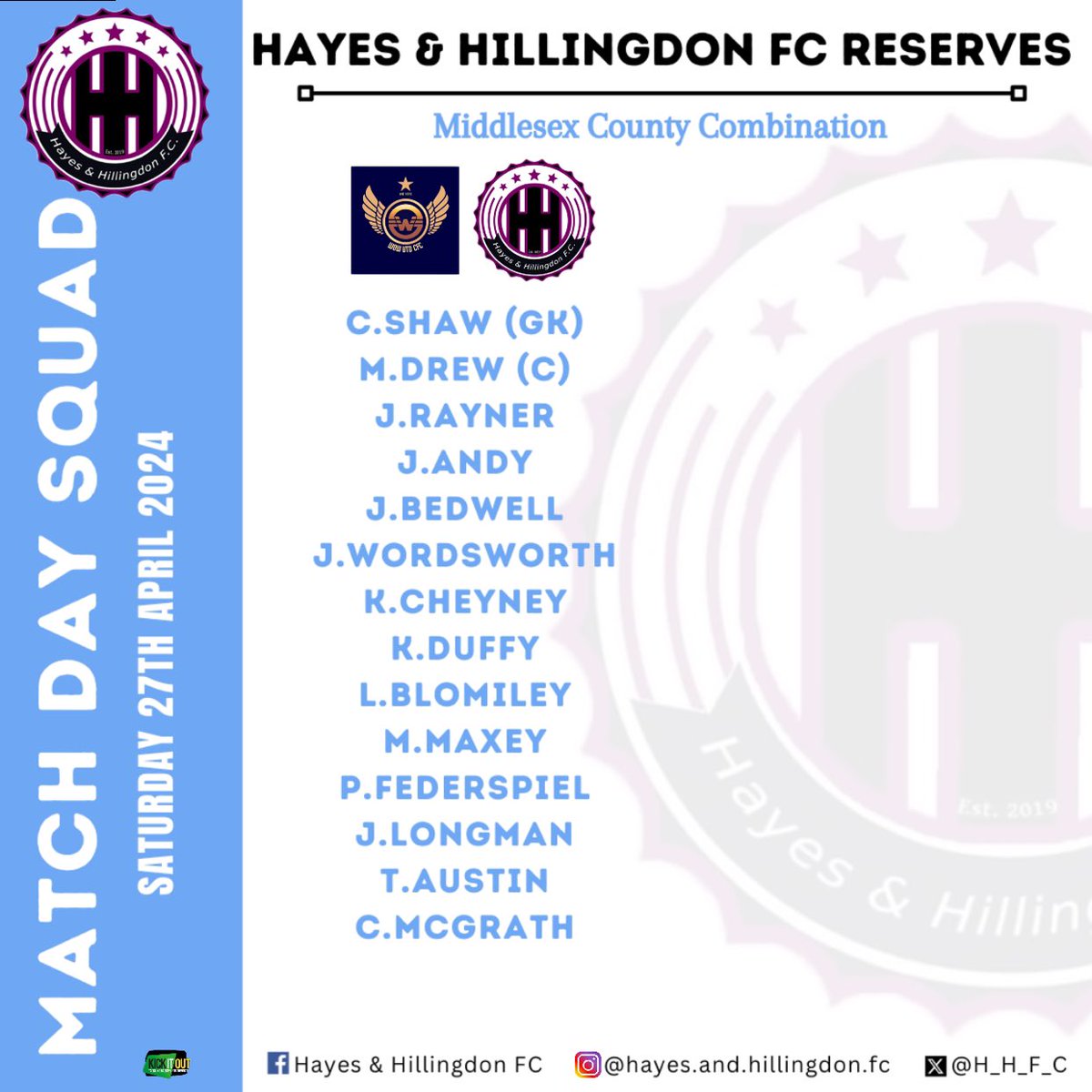 Tomorrow’s match day squads.. 💪🏼🏟️⚽️

(Our partners; Swirles Barbers, Southbourne Electrical & Richings Sports Park) 

#HHFC #morethanafootballclub #hayesandhillingdonfc #hhfc #matchday #squads #football #players #footballteams #club #footballers #nonleague #MCFL #MCPD 

🩵🖤💜