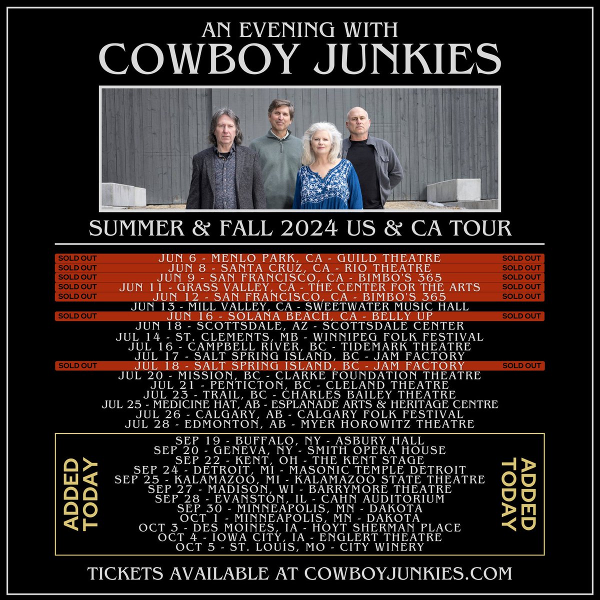 Hi Everyone! Our fall US tour just went on sale today! Tickets available at cowboyjunkies.com/tour We’re looking forward to seeing more of you soon! #cowboyjunkies #tour